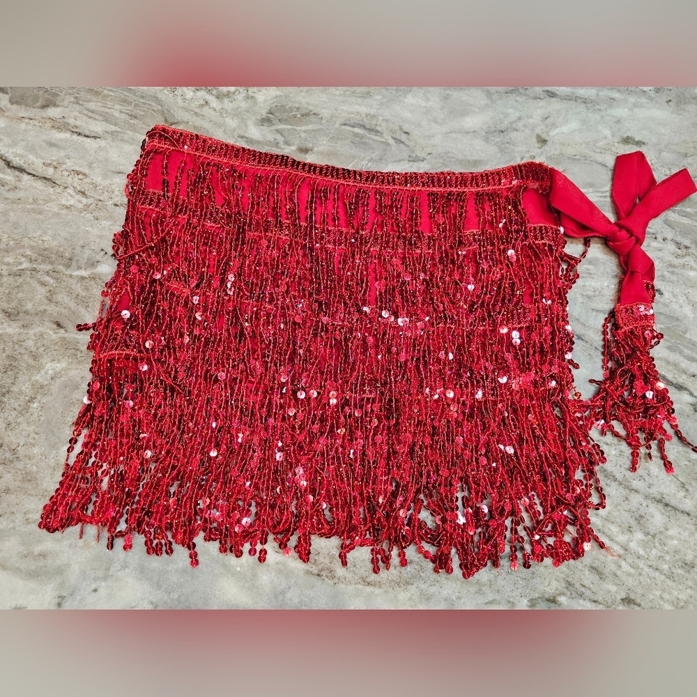 Red Sequin Fringe Mini Skirt / Dance Wrap Skirt – Adjustable Tie Waist